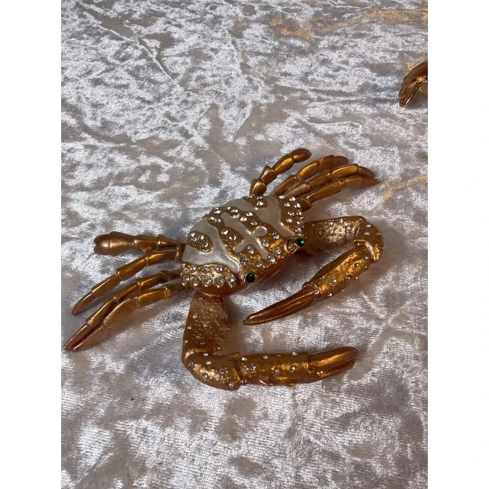 Jeweled Crab & Lobster Trinket Box Set Hinged Magnetic Rhinestone Coastal Decor